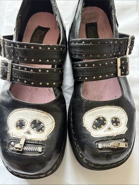 Demonia Black Mary Jane Shoes with White Skull Appliqués